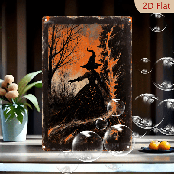 Gothic Witch Halloween Wall Art, 8x12 Inches Metal Tin Sign, Vintage Woodcut Style Dark Magic & Fire Silhouette, Spooky Tree Branches Home Decor for Party or Living Room