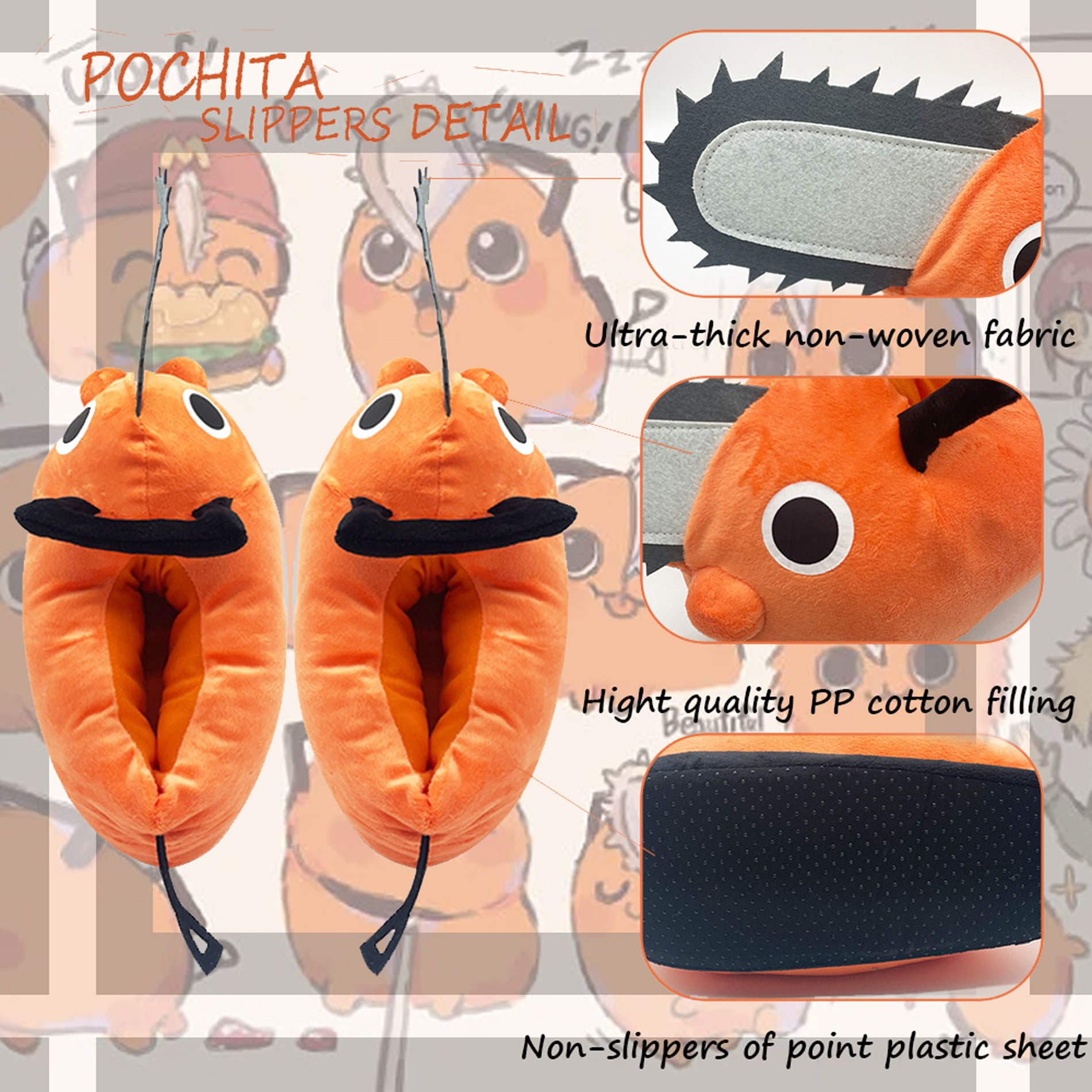 Roffatide Anime Chainsaw Man Fuzzy House Shoes, Pochita
