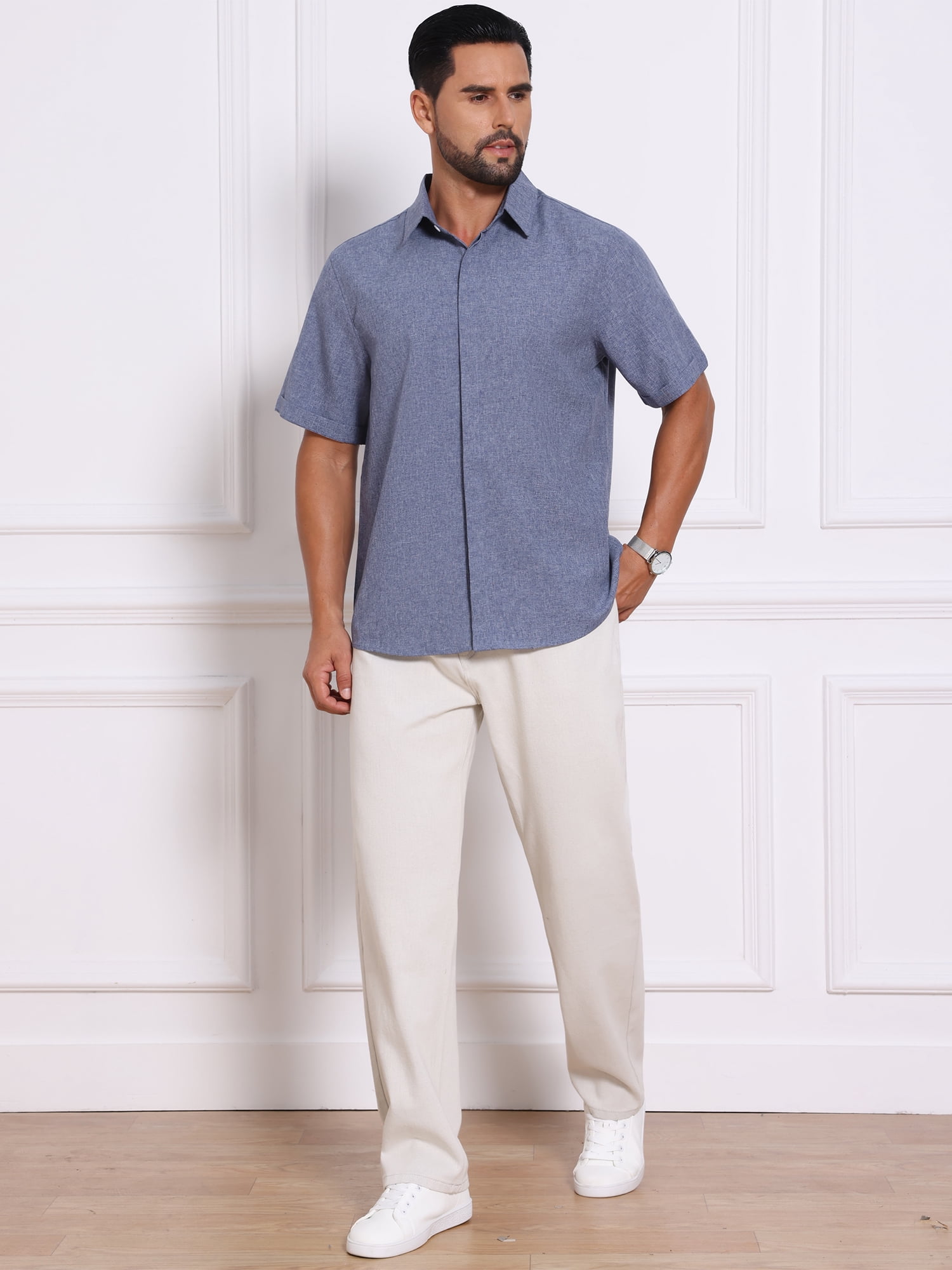 DARING DIVA Men's Solid Summer Short Sleeve Button Down Linen Shirts S Denim Blue