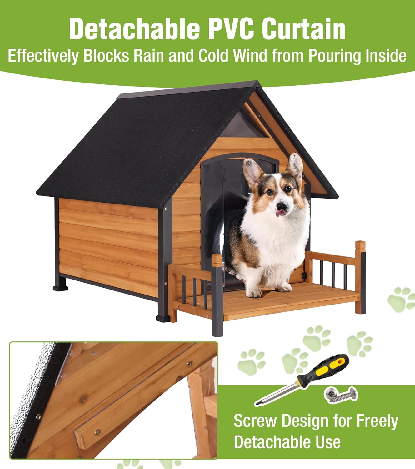 Aivituvin Large Dog House Outdoor Weatherproof with Porch, All-Metal Frame Chew-Proof Dog Kennel with Asphalt Roof, for Small Medium Large Dogs