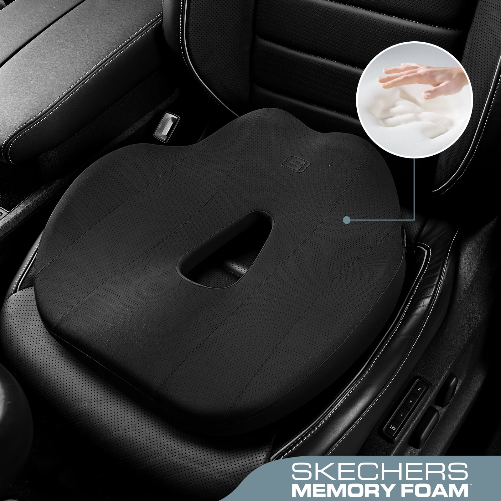 Skechers Car Seat Cushion, Memory Foam Seat Cushion, Ergonomic Support Cushion for Car Seat, Pressure Relief Driving Cushion, Non-Slip Breathable Cushion for Car Office Home, Black