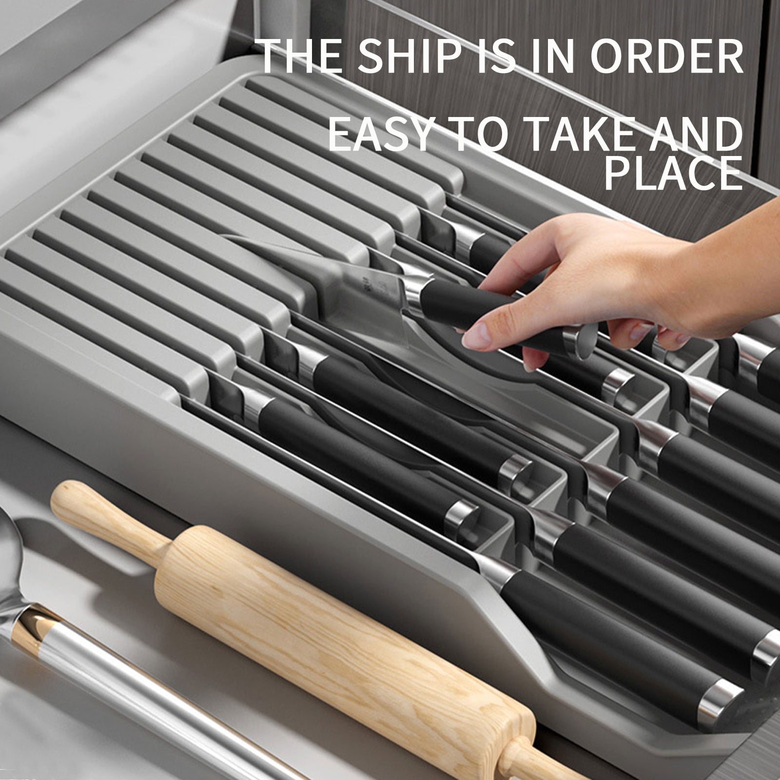 Drawer Organizer for Kitchen Utensils | 11-Knife Capacity Silverware Tray | Detachable Gray Plastic Storage Box (16.53x8.07x2.05 in)