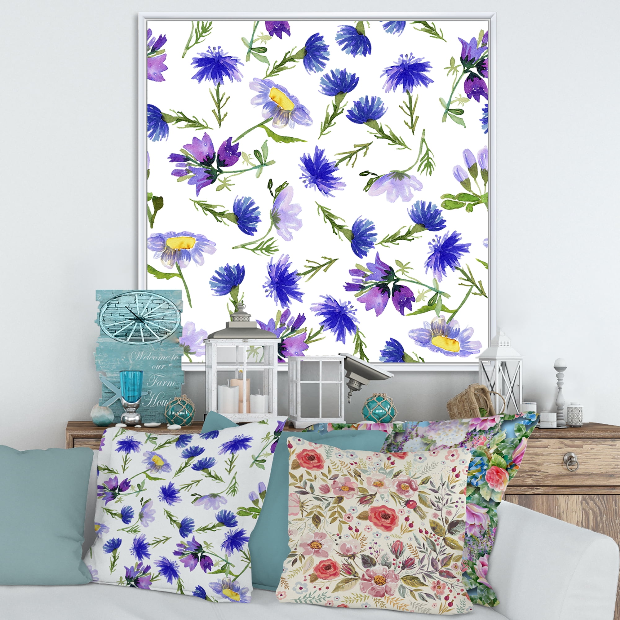 Designart 'Blue Wildflowers With Leaves III' Traditional Framed Canvas Wall Art Print