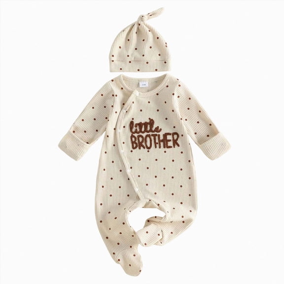 mgoYE Newborn Baby Boy Fall Outfit Romper Little Brother Lil Bro Long Sleeve Jumpsuit Bodysuit Cute Infant Waffle Clothes(Beige,Newborn)