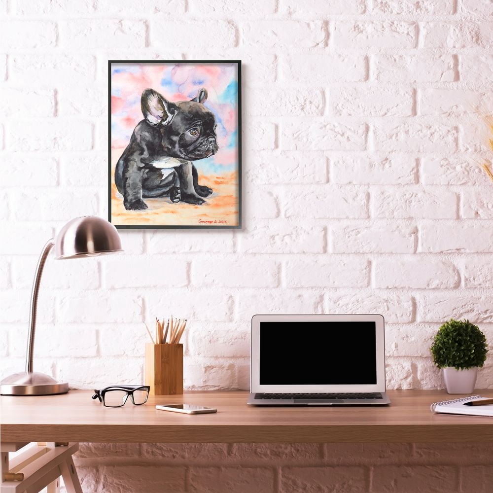 Stupell Industries French Bulldog Puppy Dog Pet Animal Watercolor Painting Framed Giclee Texturized Art by George Dyachenko