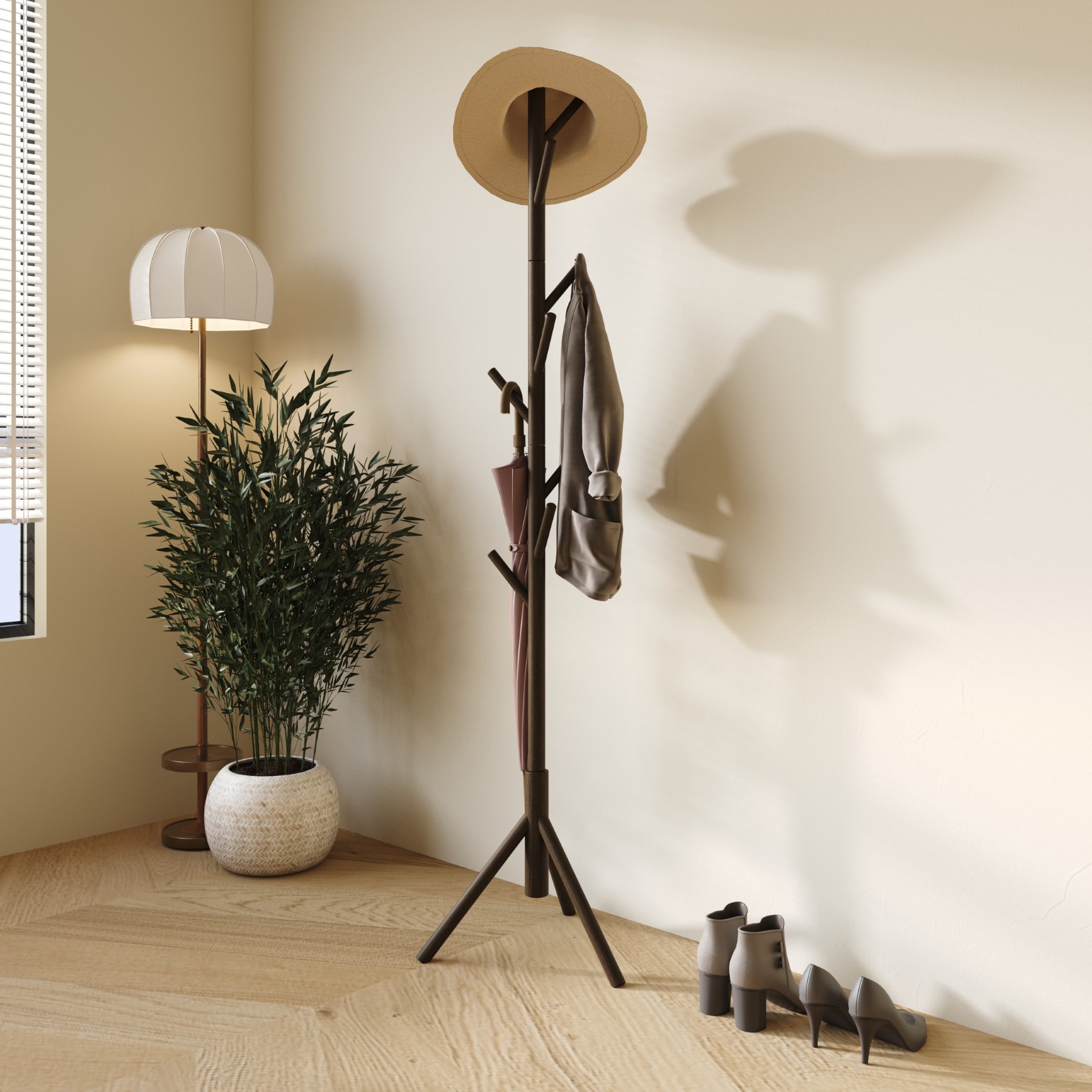 Home Design Houma Solid Wood Freestanding 8-Hook Coat Rack, Cappuccino – Entryway, Hallway, Bedroom Organizer for Jackets & Hats