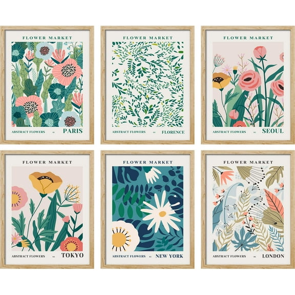 PixonSign Framed Canvas Print Wall Art Set - Multicolor Floral Botanical Flower Market Posters - Set of 6 Vintage Retro Antique Mixed Media Country Cultural Art Wall Décor - 8"x10"x6 Natural