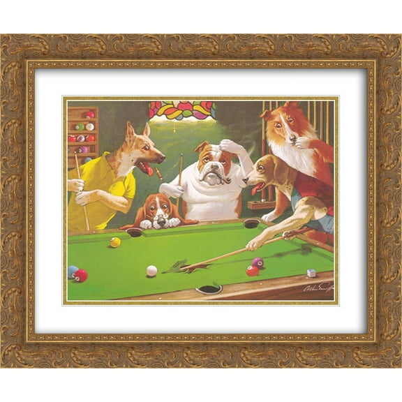 Jack the Ripper / Dogs Playing Pool 2x Matted 24x20 Gold Ornate Framed Art Print by Arthur Sarnoff