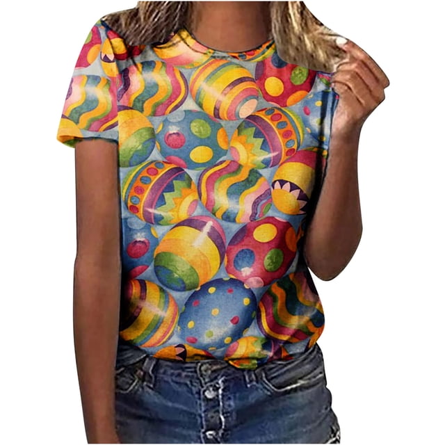 RKSTN Hauts pour Femmes 2024 Imprimé Ufs de Pâques Drôle Décontracté Mode T-Shirt Manches Courtes Col Rond Printemps et Été Pull Blouse