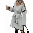 thumbnail image 2 of Tie-Waist Loose Knitted V-Neck Long Sleeved Autumn Dress Contrast Sleeves Pullover Sweater Dress Light Gray L, 2 of 9