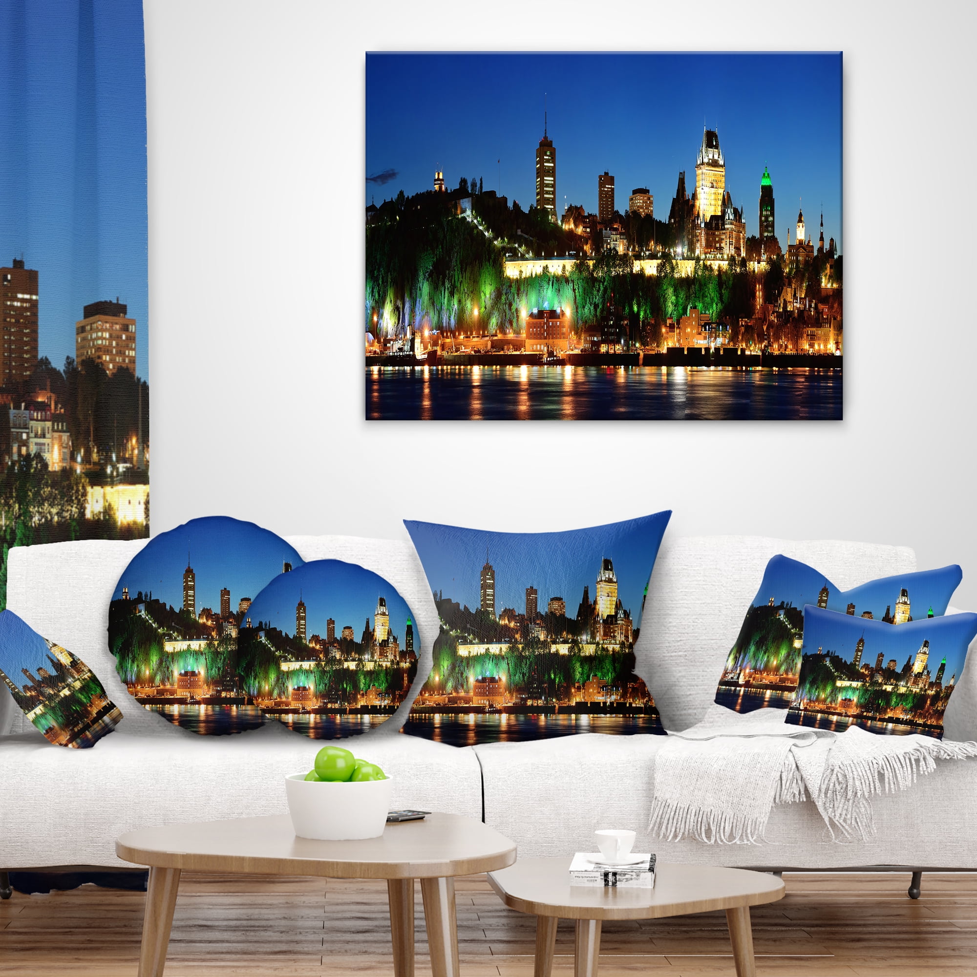 Designart Panoramic Quebec City at Night - Cityscape Photo Throw Pillow - 16x16