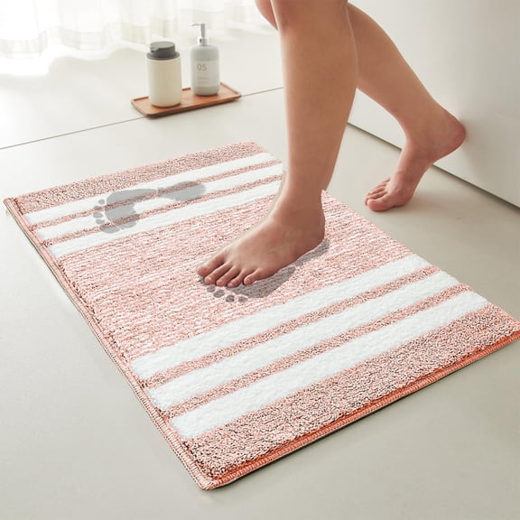 KOYPTL Bath Mats for Bathroom Non Slip Fluffy Absorbent Microfiber Bath Mat Washable Aesthetic Bathroom Rugs Small Jet Black Striped Bath Mat 24" x 16" Pink