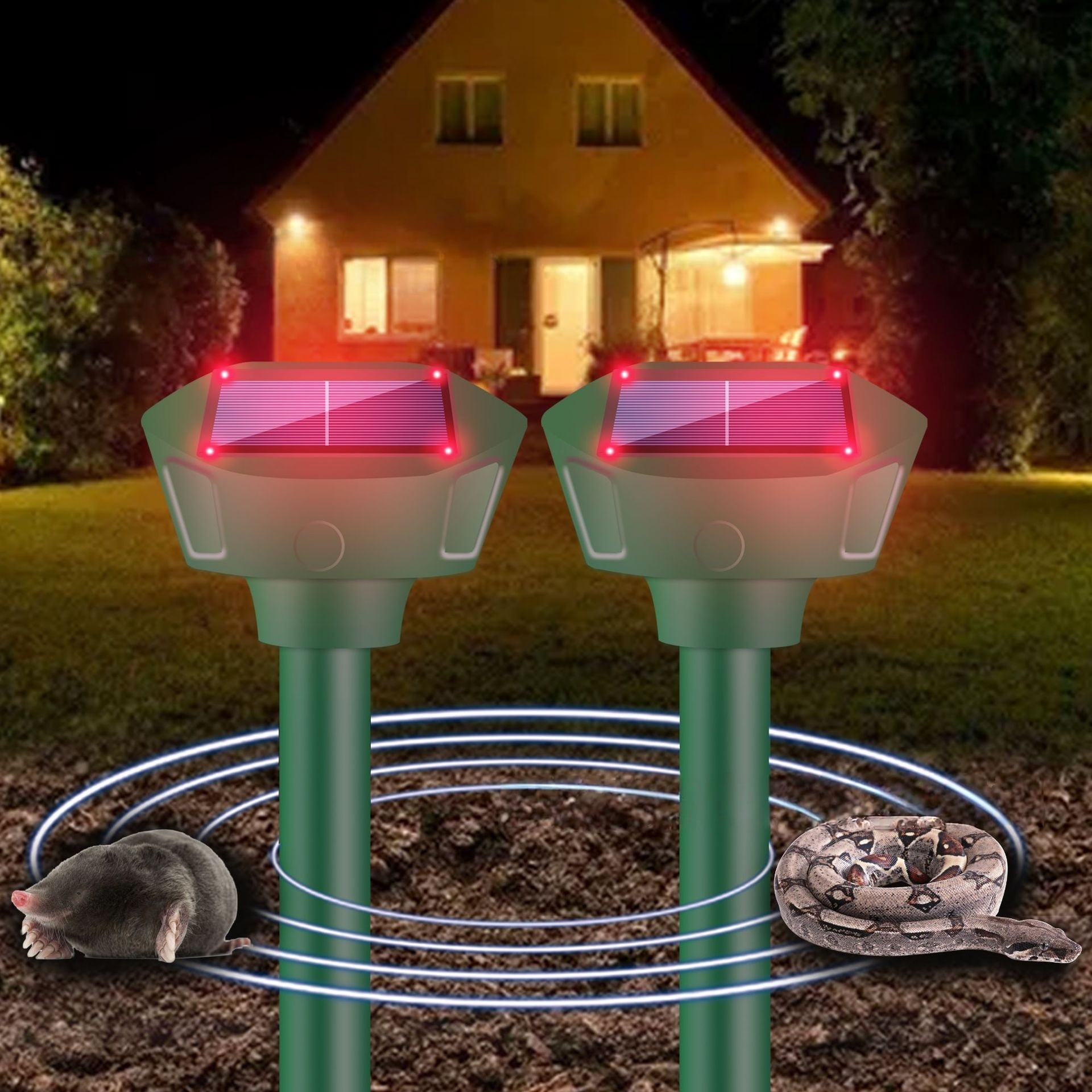 2 Pack Solar Mole Repeller Gopher Deterrent Outdoor Groundhog Repellent Ultrasonic Snake Repeller With LED Lightsfor Yard Lawn Garden