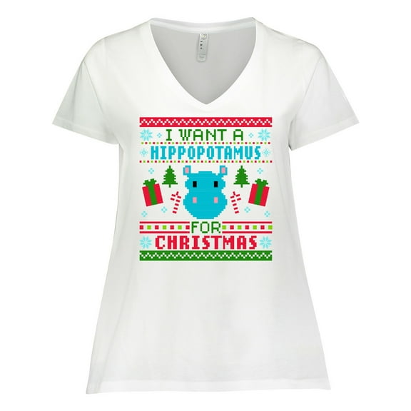 Inktastic I Want a Hippopotamus for Christmas Pixelated Ugly Sweater Women's Plus Size V-Neck T-Shirt