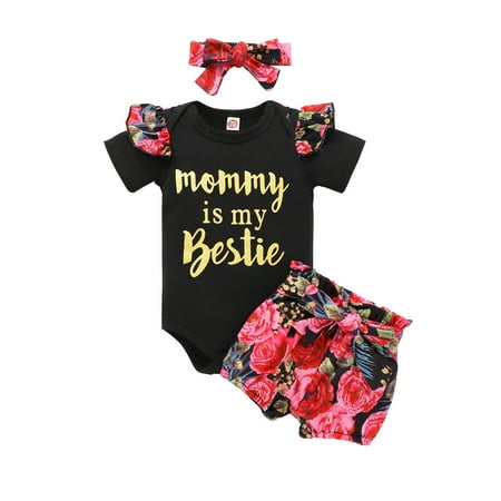 

DNDKILG Infant Baby Toddler Girls 3 Piece Letter Print Summer Clothes Set Outfits Short Sleeve Bodysuit and Floral Shorts Set with Headband Black 0-2Y 80