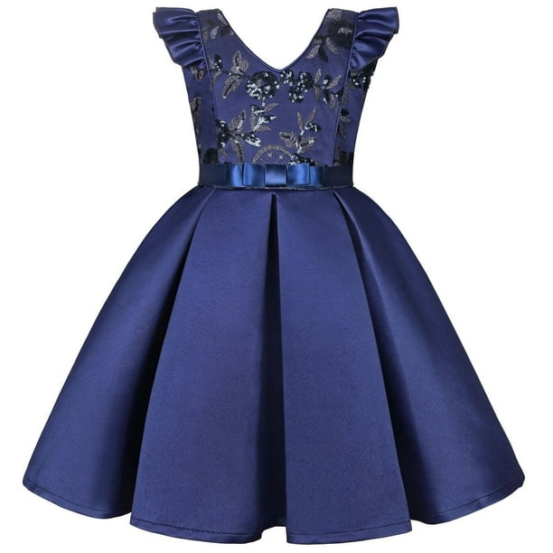 Vestido de lentejuelas para niña Umfun, falda para desfile de cumpleaños, manga voladora, fiesta de festival, ropa de princesa, azul marino, 4-5 años