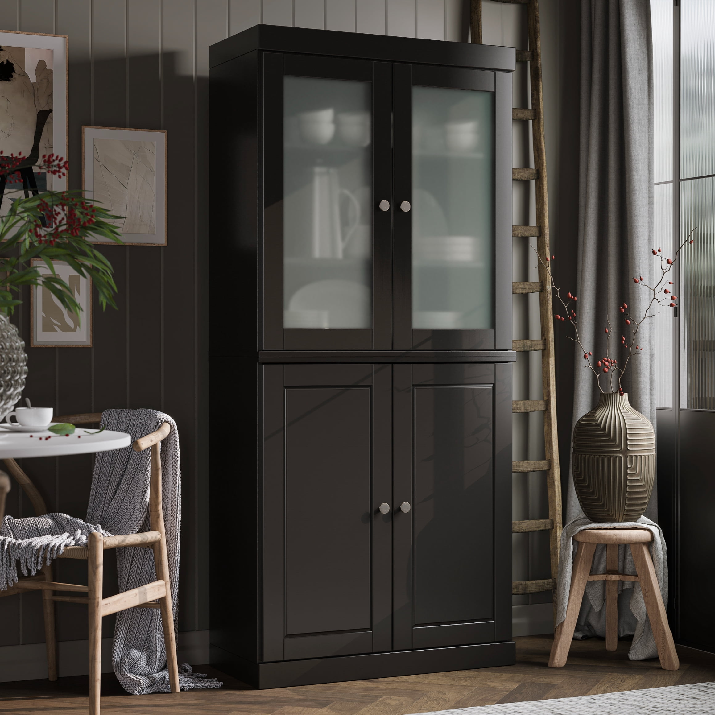Palace Imports 100% Solid Wood 32" Pantry Cabinet with Solid, Frosted Glass Doors and Adjustable Shelves, Black