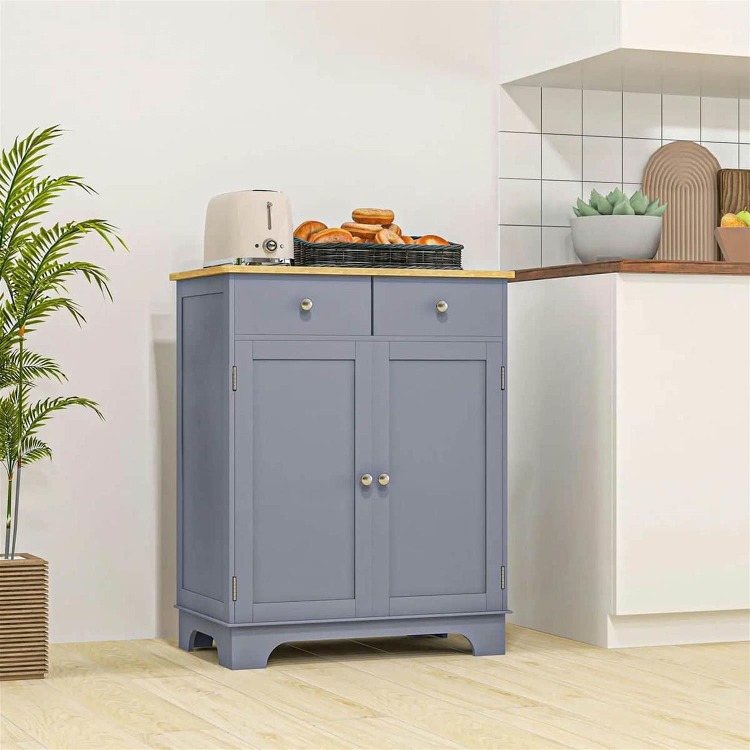 Demi Bonn 33" Kitchen Storage Cabinet Solid Wood Top Sideboard Floor Cupboard, Adjustable Shelf & 2 Drawers for Home Organization, Gray