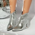 thumbnail image 2 of Women's Leather Block High Heels Western Pointed Booties Gold Silver Tassels Sequins Decorated Fashionable Boots with Side Zipper, 2 of 6