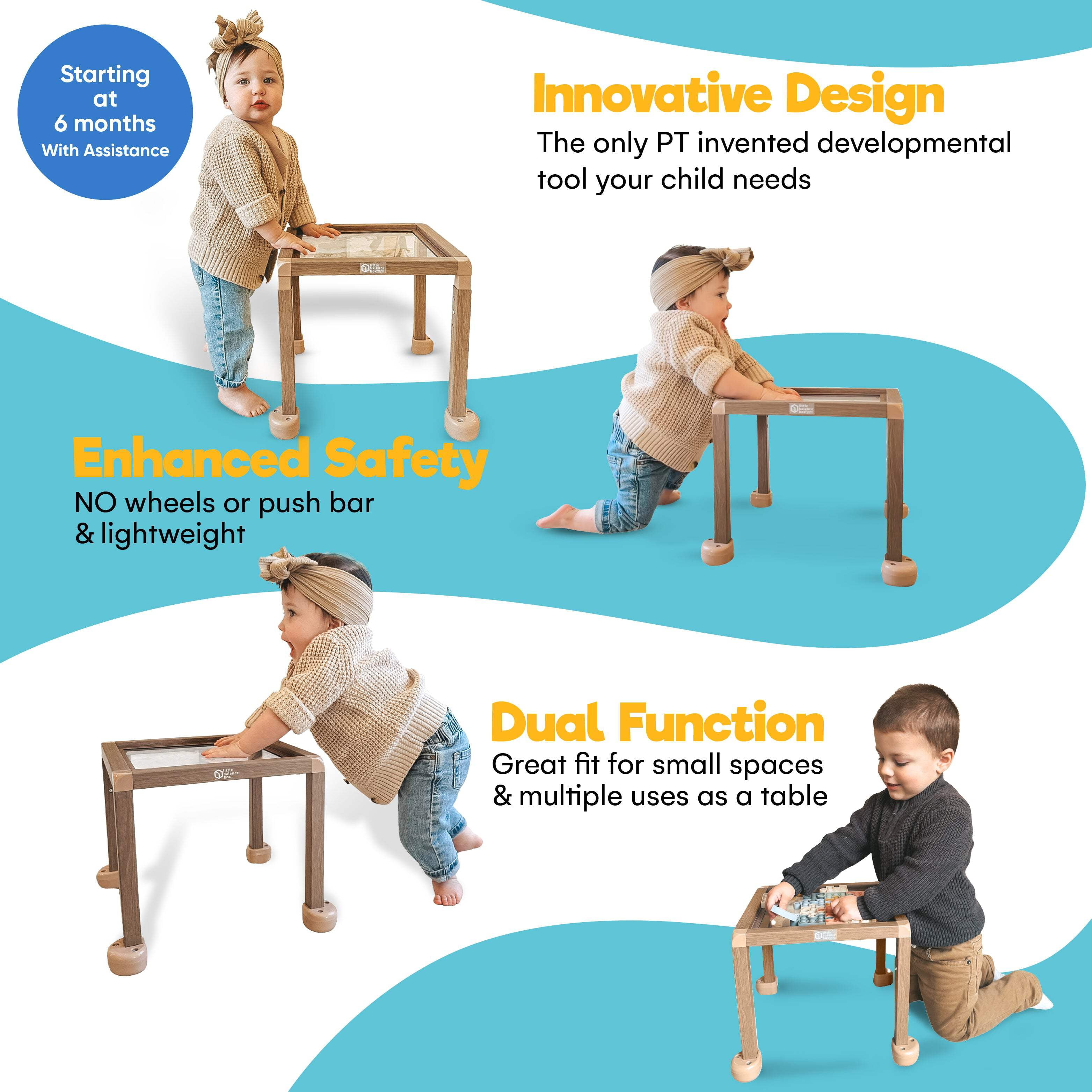 Little Balance Box Grow - Adjustable Montessori Push Pull Walker & Activity Table – No Wheels, Safe Spring Feet, Eco-Friendly, PT-Designed for Standing & Walking, Sit-to-Stand Developmental Tool