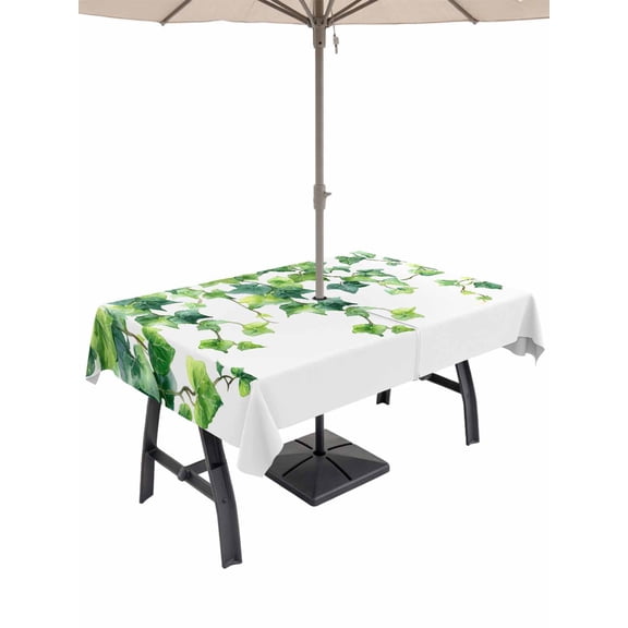 Country Leaves Outdoor Tablecloth - 60x84 Inch Rectangle Dining Table Cover, Watercolor Green Leaf Branches Vine Botanical Waterproof Outdoor Table Cloth with Umbrella Hole & Zipper for Picnic/Patio