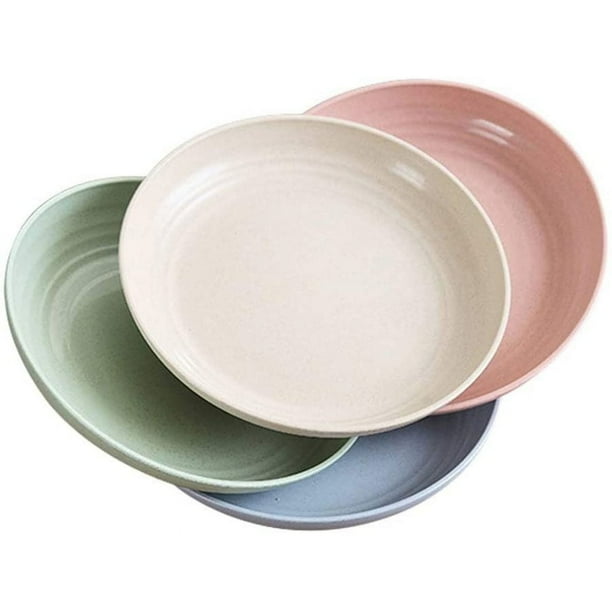 Platos de paja de trigo irrompibles, saludables, sin BPA, aptos para microondas y lavavajillas, estilo que ahorra espacio con bordes redondeados suaves, 4 colores, 7,8 pulgadas de diámetro, perfectos