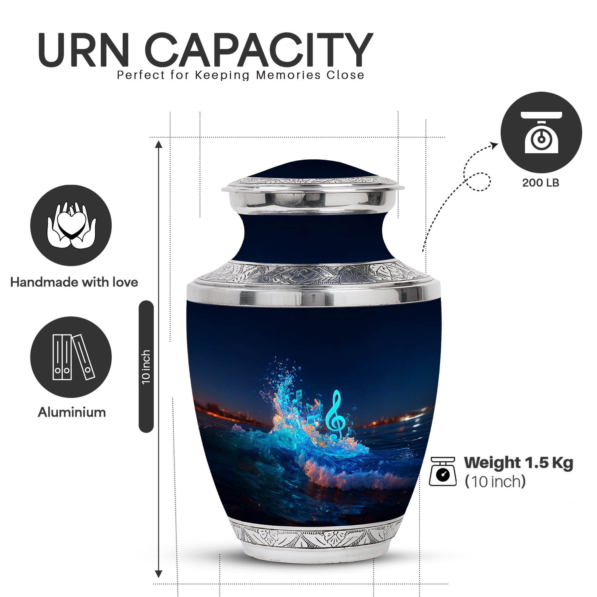 Yatskia Blue Music with Tree Mini Cremation Urns for Human Ashes Adult Male and Female, Large Cremation Urn for Ashes Adult Dad, (Tasty 10 Inch and 3 Inch)