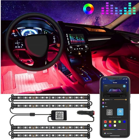 Car LED Lights, Smart Interior Car Lights with App Control, RGB Inside Car Lights with DIY Mode and Music Mode, 2 Lines Design LED Lights for Cars with Car Charger, DC 12V