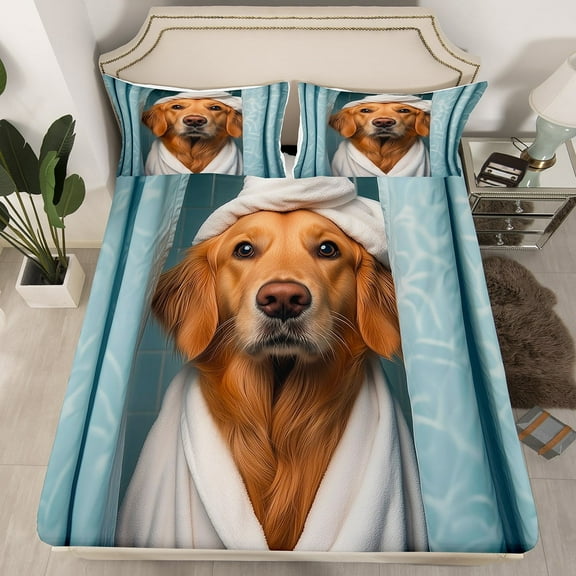 Erosebridal Golden Retriever Fitted Sheet Set Queen,Animal Dog Fitted Sheet Queen,Super Cozy Bedding Queen Size,Kawaii Decoration,3 Pieces(Fitted Sheet,Pillowcase)