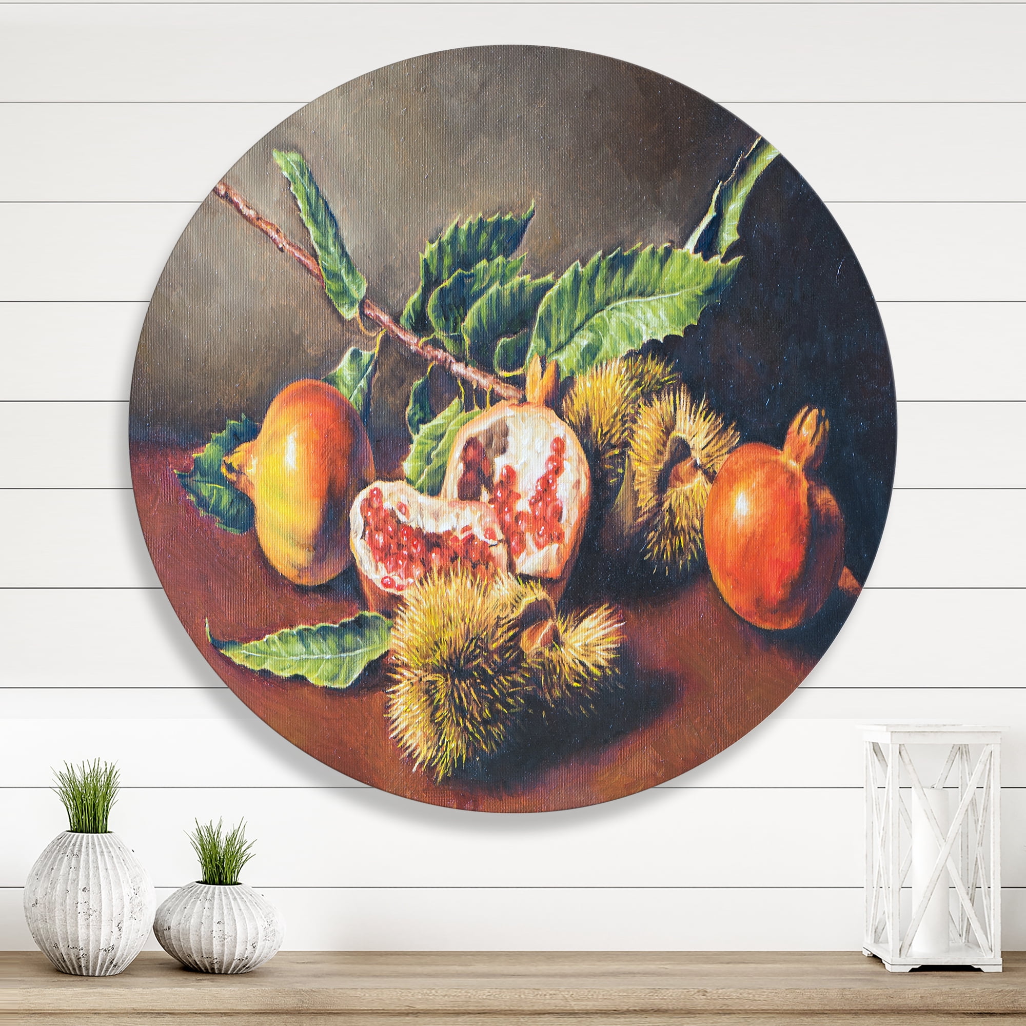 Designart 'Ancient Still Life of Orange Fruits' Traditional Circle Metal Wall Art 23x23 - Disc of 23
