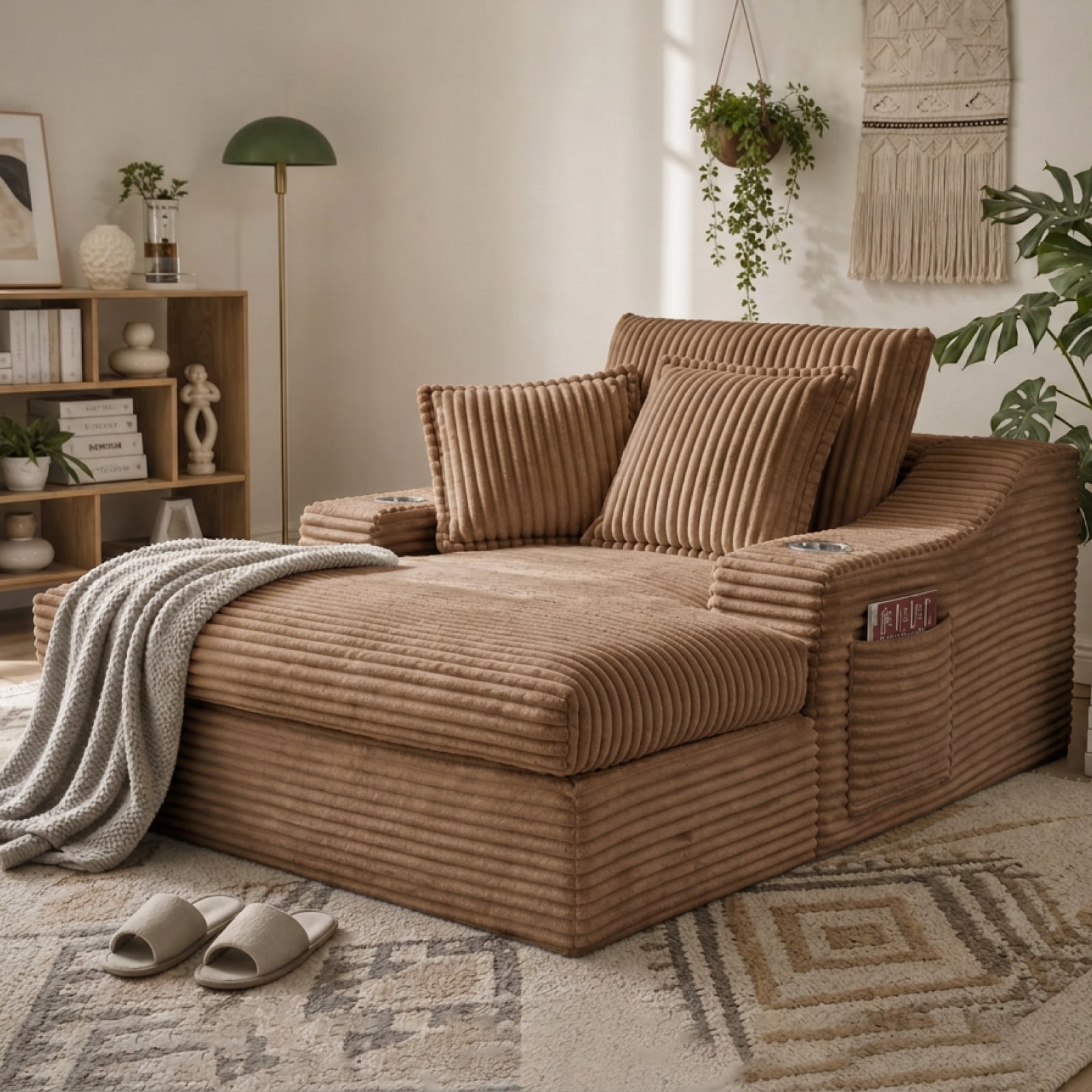47" Wide Oversized Single Chaise Lounge Chair, 67'' Sleeper Sofa Bed with Cup Holders & 3 Pillows