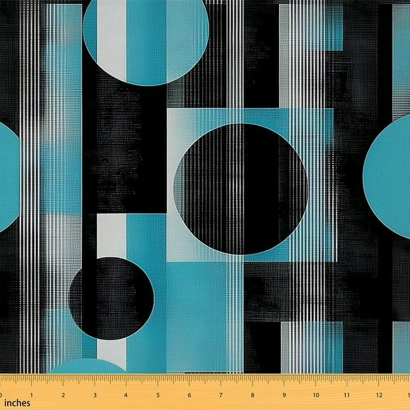 Manfei Vintage Black Blue Sewing & Crafting Fabric (1 Yard), Geometric Circle Stripe Home Decor Fabric by the Yard, Abstract Lines Fabric by the Yard, Stylish Living Room Decor