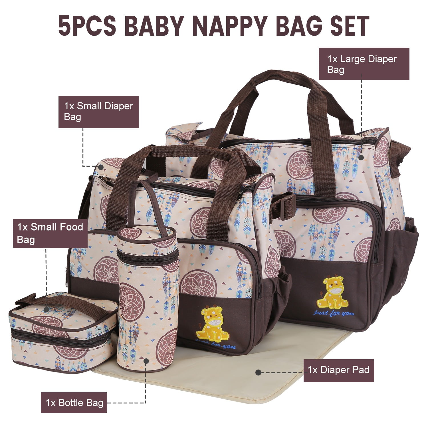 5Pcs Mummy Diaper Tote Bag Baby Nappy Bag with Diaper Pad Food Bag Bottle Bag Travel Tote Bags for Mom Dad Coffee