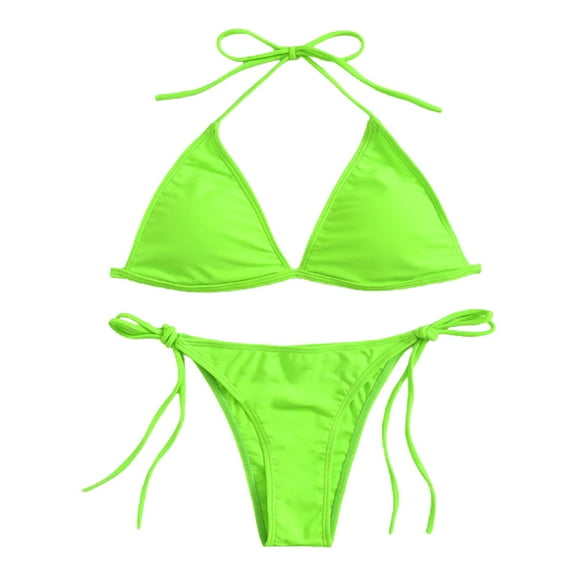 Women Sexy 2 Piece Brazilian Bikini Set Halter String for Triangle Micro Swimsuit Neon Solid Color Side Tie High Cut Push Up Bathing Suit Beachwear