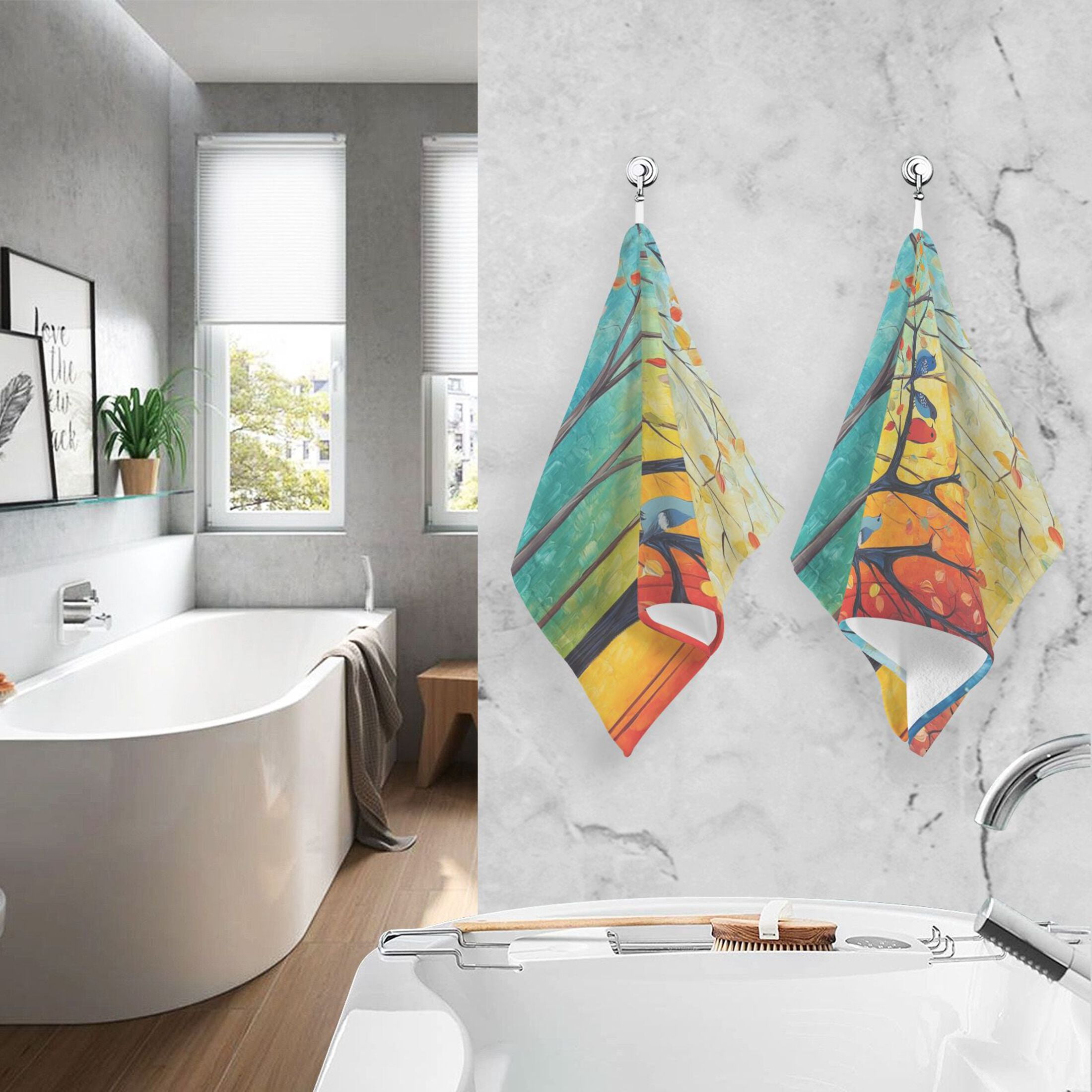 Cotton Towel Two-Piece 16x28 Inch One Sizex2 Face Towel Set Towel Set Cotton Hand Bath Towel Bathroom Beach Colorful Tree Bird