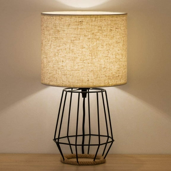 Farmhouse Table Lamp Basket Cage Style Black Chrome Metal Base with Linen Fabric Shade