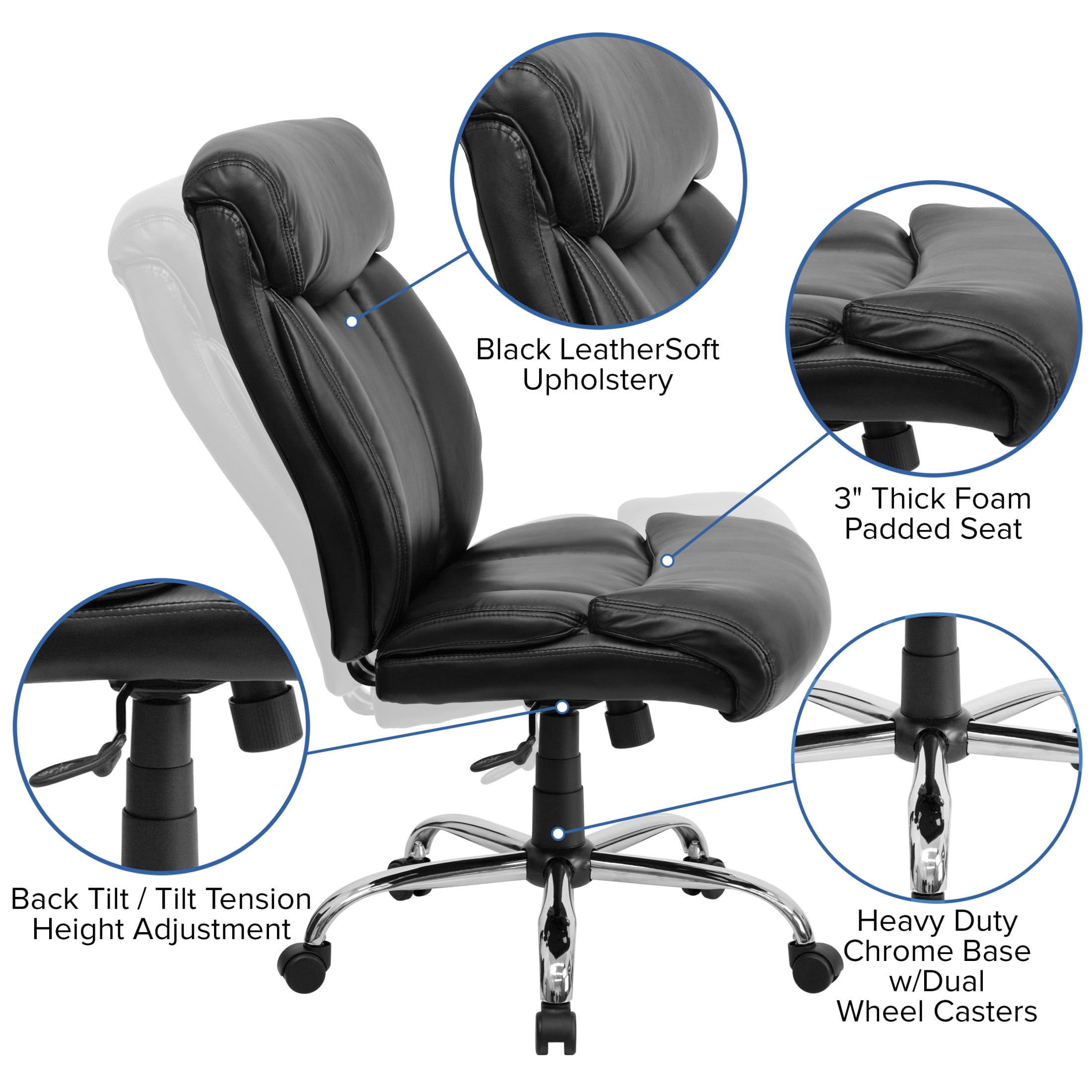 Flash Furniture Hercules Big & Tall LeatherSoft Swivel Office Chair with Full Headrest, Black