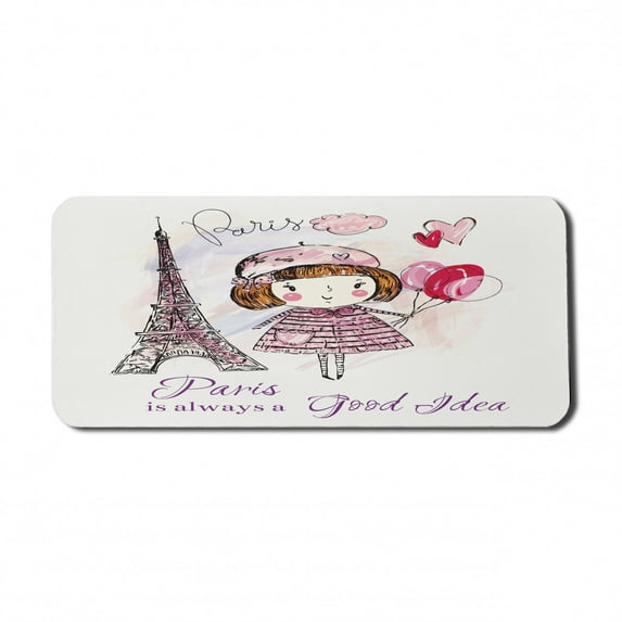 Paris Computer Mouse Pad, Little Girl Holding Balloons Hearts a Cloud and Eiffel Tower Illustration, Rectangle Non-Slip Rubber Mousepad X-Large, 35" x 15", Pale Pink Purple White, by Ambesonne