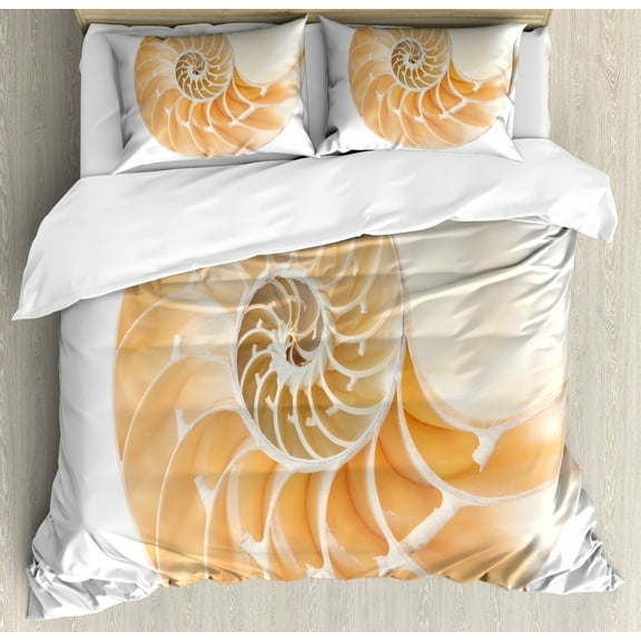 Sacred Geometry Duvet Cover Set King Size, Nautilus Shell Showing the Chambers in Distance Curves Helix Hidden Print, Decorative 3 Piece Bedding Set with 2 Pillow Shams, Cream White, by Ambesonne