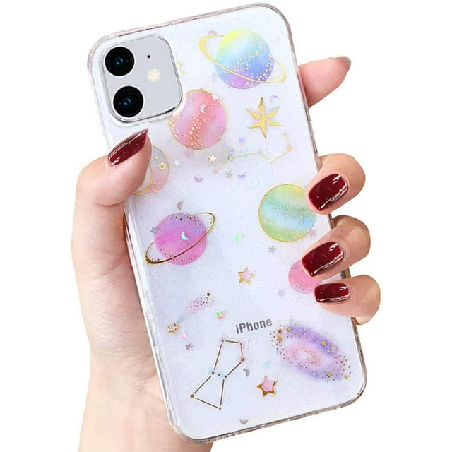 iPhone Cute Case Clear, Handmade Glitter Bling Sparkle Design Slim Soft TPU Pretty Phone Cover for Girls Women(iPhone 12(6.1inch))