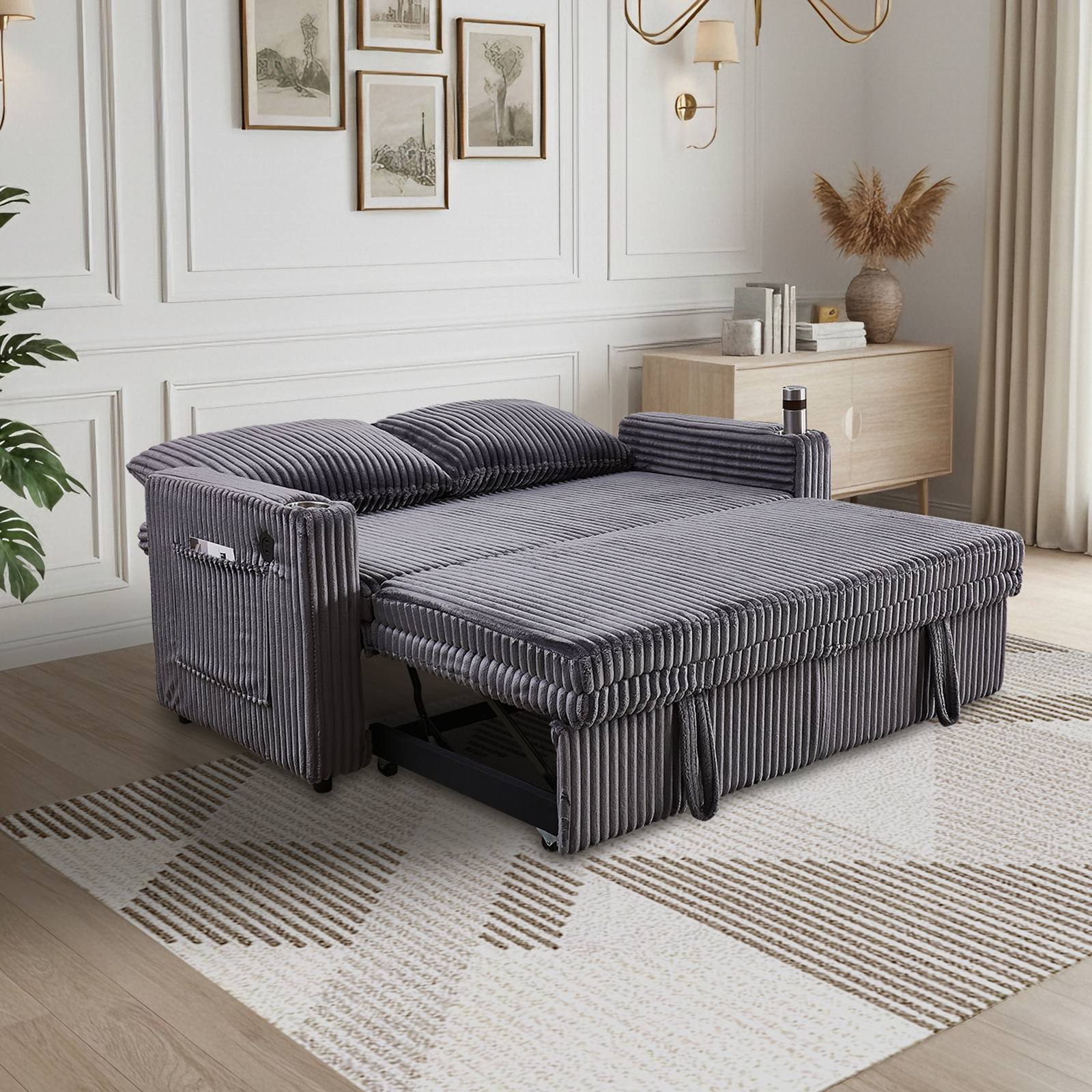 Dreamzie 3 in 1 Convertible Sofa Bed, 65” Sleeper Sofa with Pull Out Couch Bed, Corduroy Loveseat with 360° Swivel Side Table | USB Port | Adjustable Backrest for Living Room, Apartment (Deep Grey)