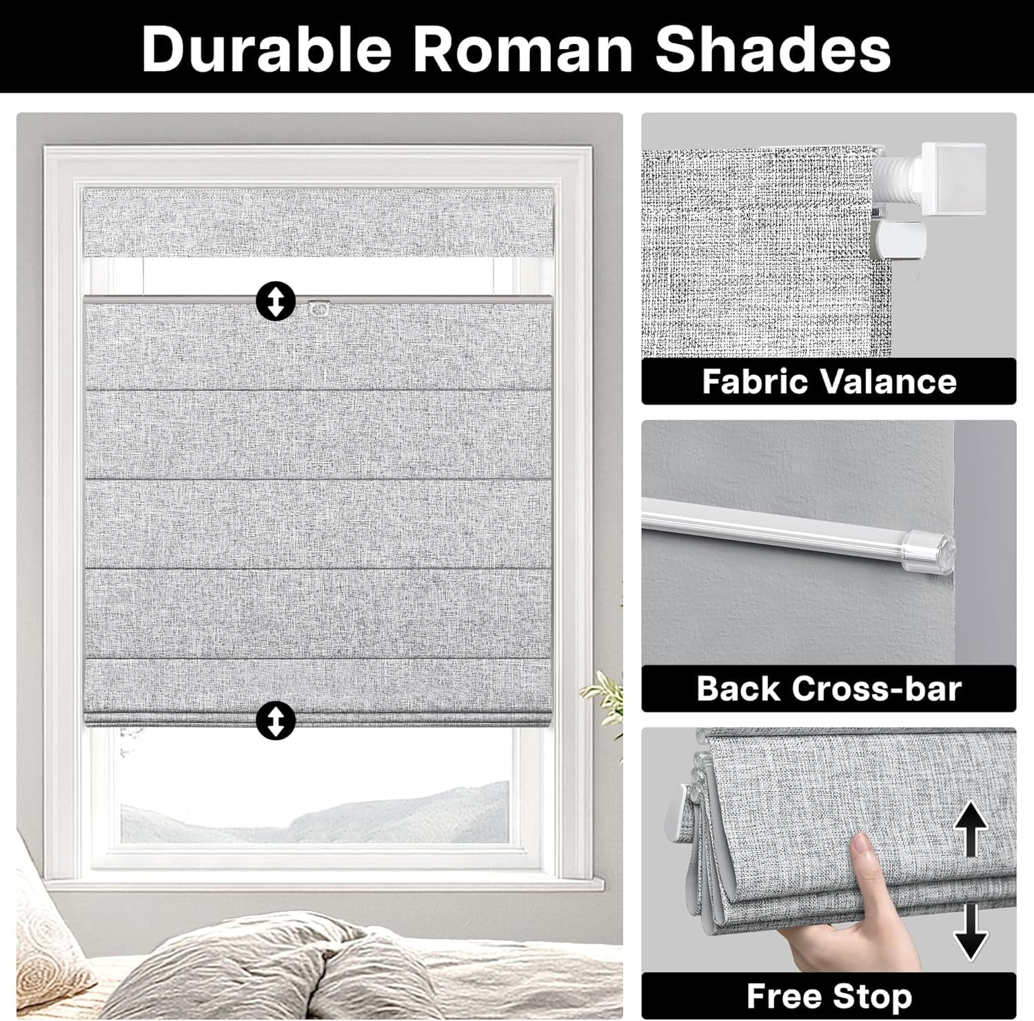 LazBlinds No Tools No Drill TDBU Cordless Roman Shades for Window, Thermal Insulated UV Blocking, 100% Blackout Fabric Blinds for Bedroom & Living Room, 45"W x 64"H, Blackout - Grey