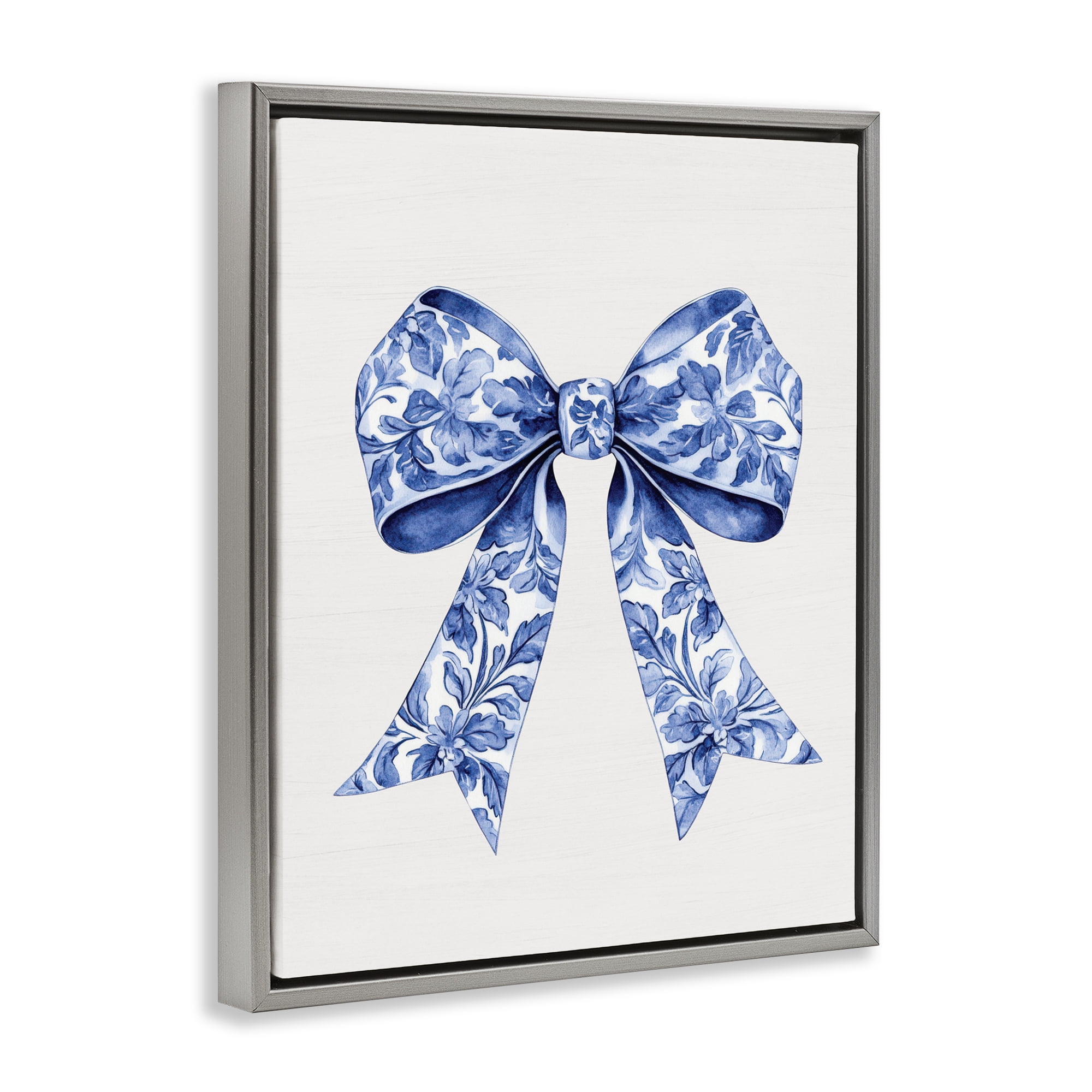 Vintage Toile Flower Ribbon Gray Framed Floater Canvas Wall Art, design by Lettered and Lined