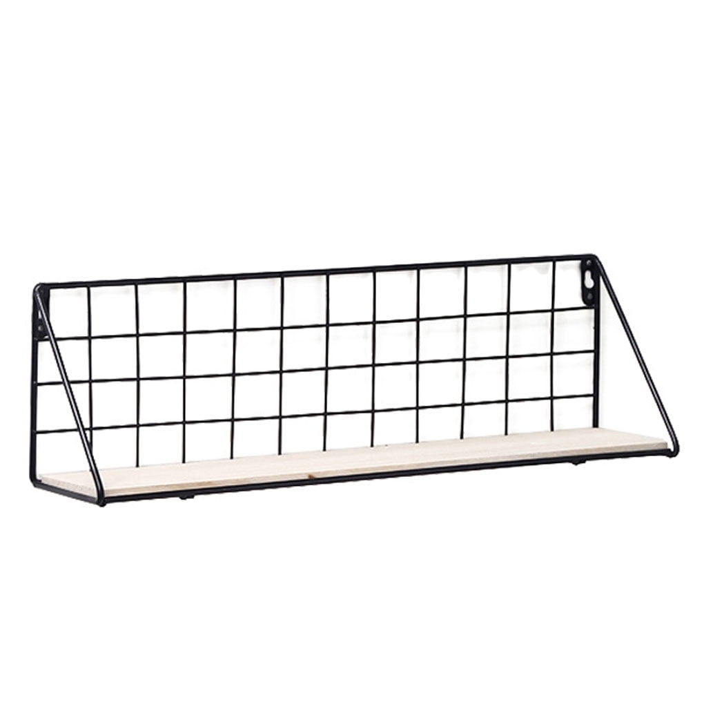 Wall Mounted Hanging Shelf Metal Grid Wood Display Rack Living Room