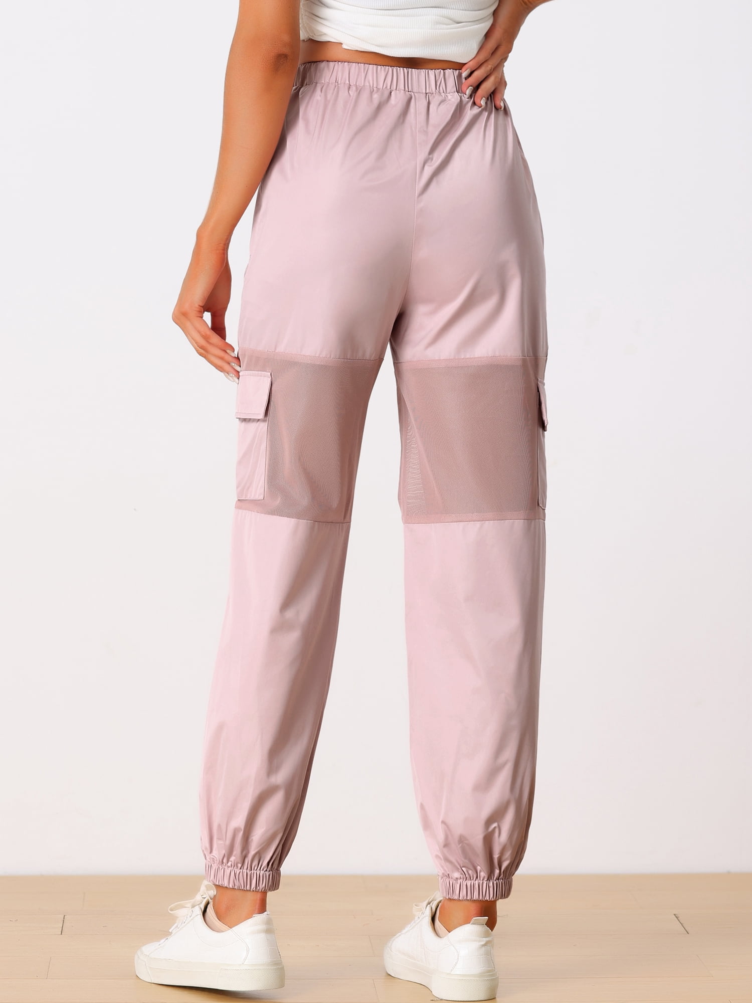 DARING DIVA Women's High Waist Mesh Panel Sheer Baggy Cargo Pants M Pink
