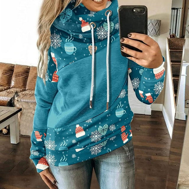Pntutb moda Navidad mujer estampado manga larga cómodo transpirable con capucha tops cordón Pntutb Pntutb-759