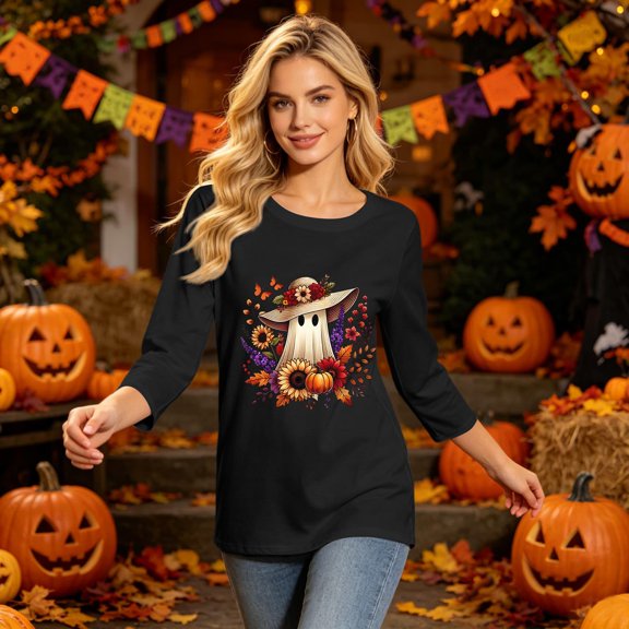 Bexdxz Cute Ghost Pumpkin Halloween 3/4 Sleeve Shirts for Women Funny Bat Graphic Crew Neck Three Quarter Length Tee Fall Casual Holiday Top Black 2XL