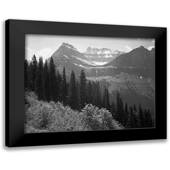 Adams, Ansel 14x12 Black Modern Framed Museum Art Print Titled - Trees, Bushes and Mountains, Glacier National Park, Montana - National Parks and Monuments, 1941