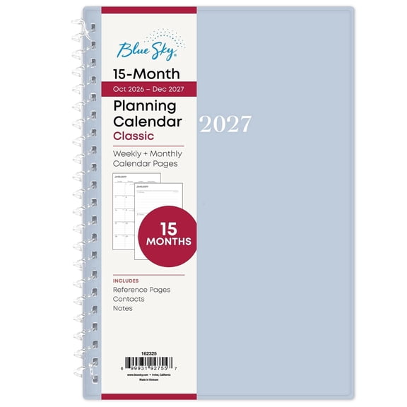 Blue Sky 15 Month 2027 Weekly and Monthly Planner Calendar, October 2026 - December 2027, 5" x 8", Flexible Cover, Smooth Plastic Spiral Binding, Soft Blue