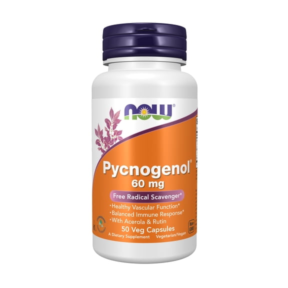 NOW Supplements, Pycnogenol 60 mg (a Unique Combo of Proanthocyanidins from French Maritime Pine) with Acerola & Rutin Powder, 50 Veg Capsules